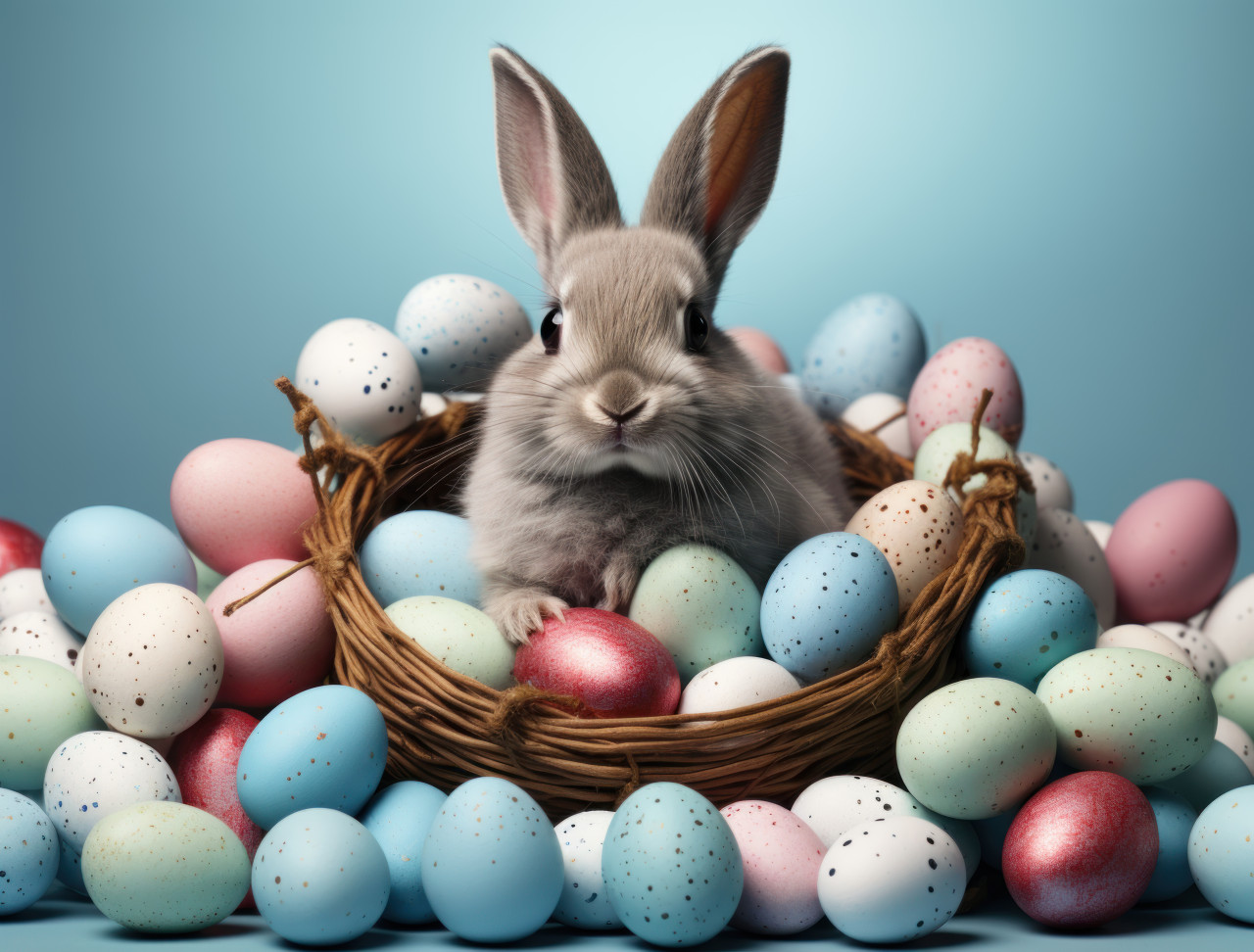 Adorable bunny surrounded by vibrant eggs in a basket, easter bunny photo