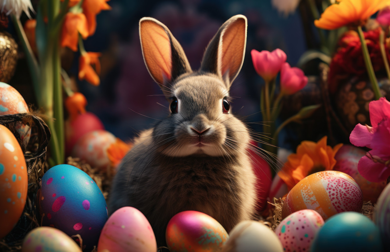 Bunny rests on grass surrounded by vibrant easter eggs in the background, easter bunny image