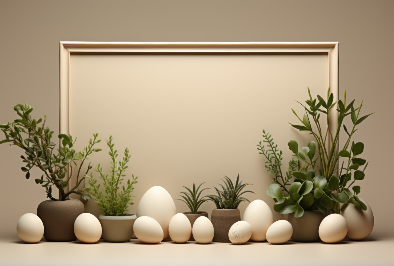 Colorful easter eggs and lush green plants displayed in a wooden frame on a beige background, easter celebrations picture