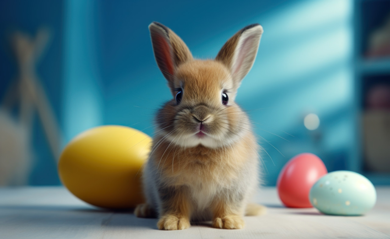 Cute rabbit playing with a ball on a blue background, easter bunny picture