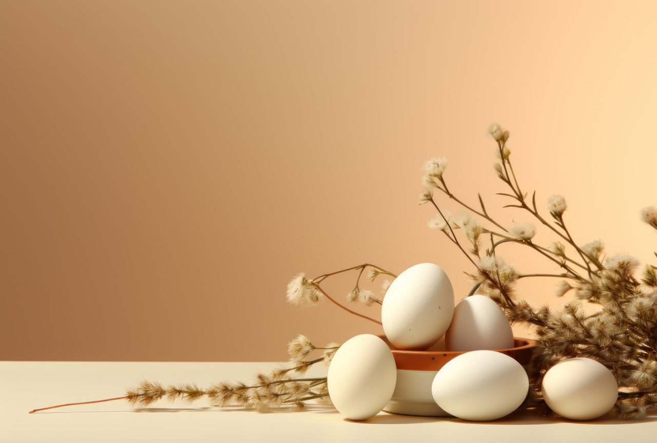 Eggs and plant on honey colored backdrop creating a harmonious natural scene, easter celebrations image