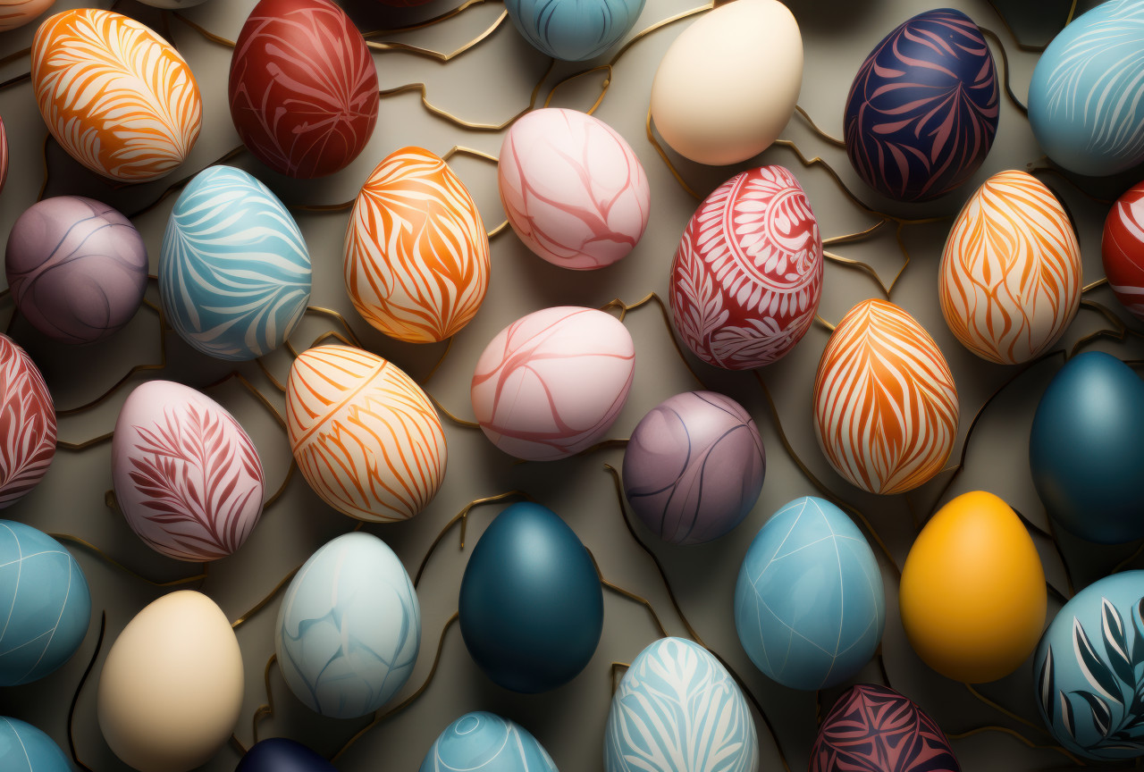 Colorful easter eggs arranged amidst leaves and cords, easter celebrations photo