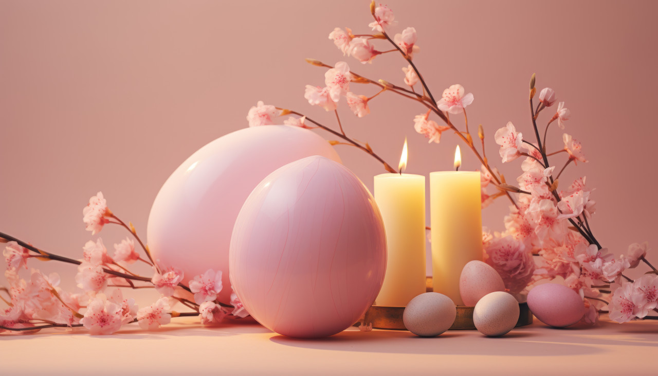 Easter themed scene with a candle and eggs side by side, easter candles photo