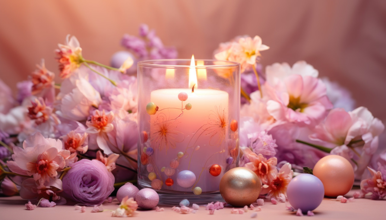 Decorative candle featuring easter eggs and flowers, easter candles concept
