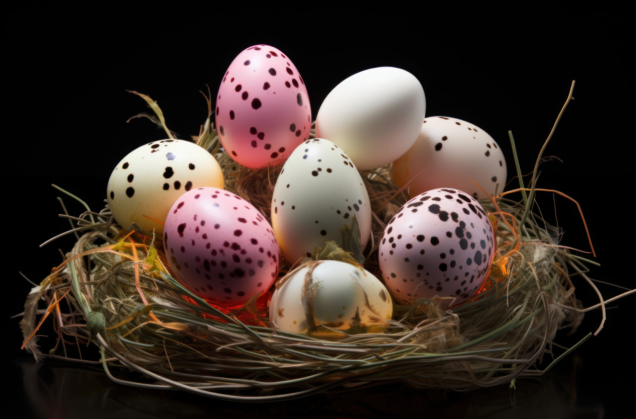 A cluster of eggs in shades of colorful resting on a bed of straw, easter nests photo