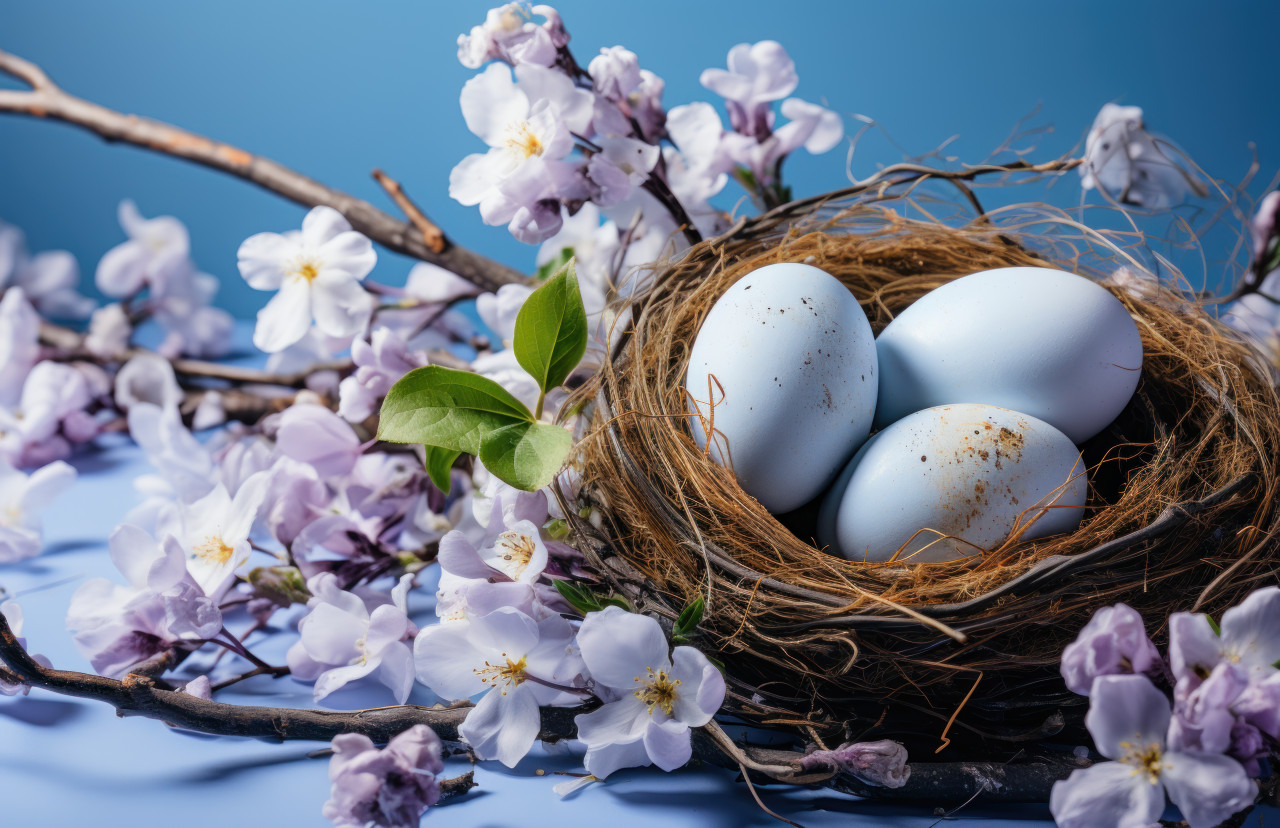 Nest with eggs on a blooming lilac branch, easter nests concept