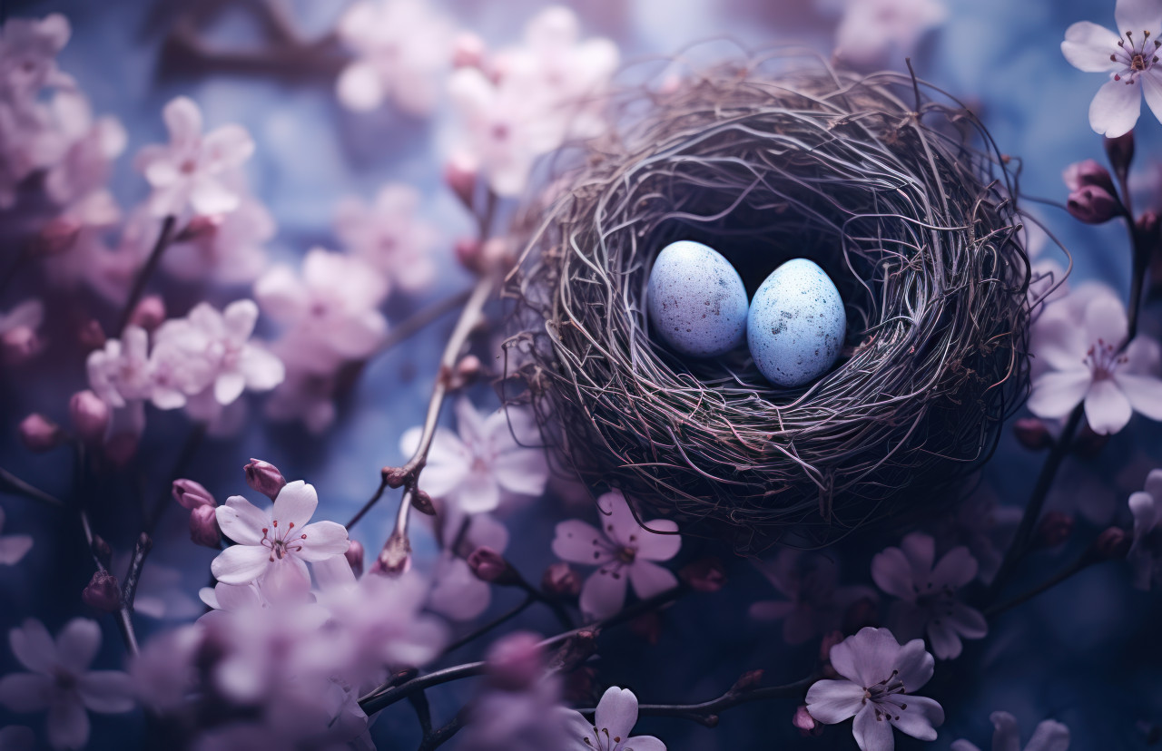 Nest holding an easter eggs amid beautiful lilac blooms, easter nests concept