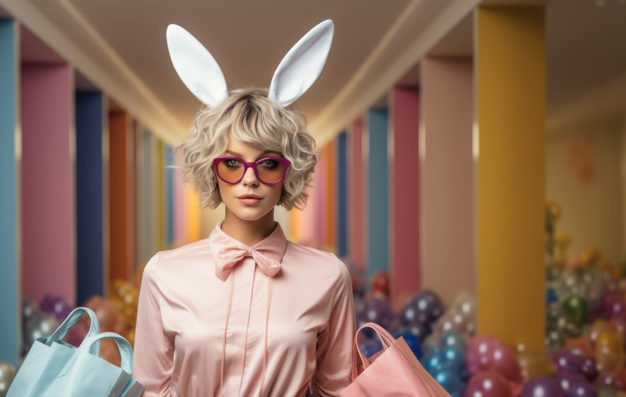 A lady adorned with rabbit ears happily carries shopping bags, easter fashion concept