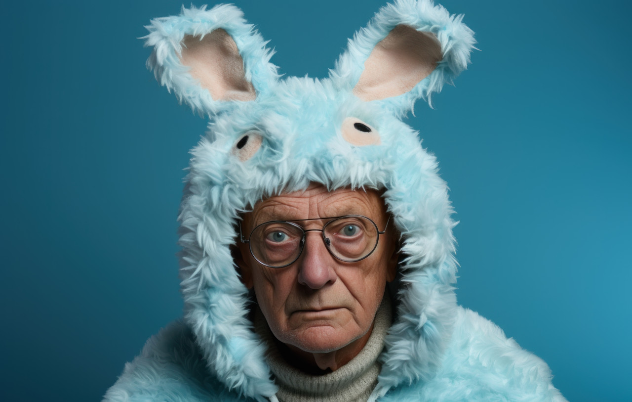 Elderly person in bunny hat posing against blue backdrop, easter fashion concept