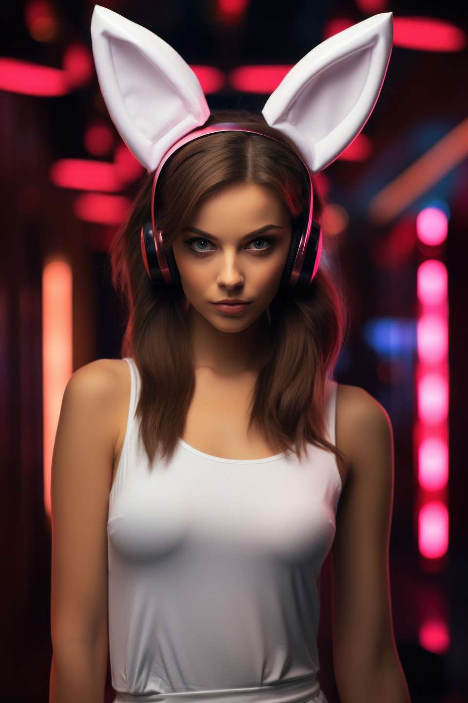 Playful woman dons bunny ears, easter fashion photo