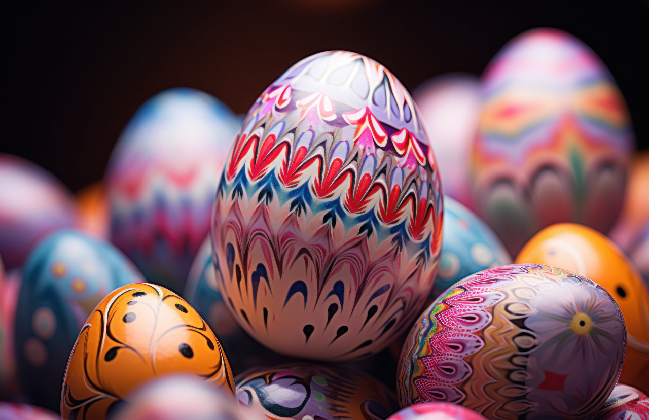 Vibrant painted easter eggs displayed on a cheerful pink backdrop for a lively celebration, easter symbols concept