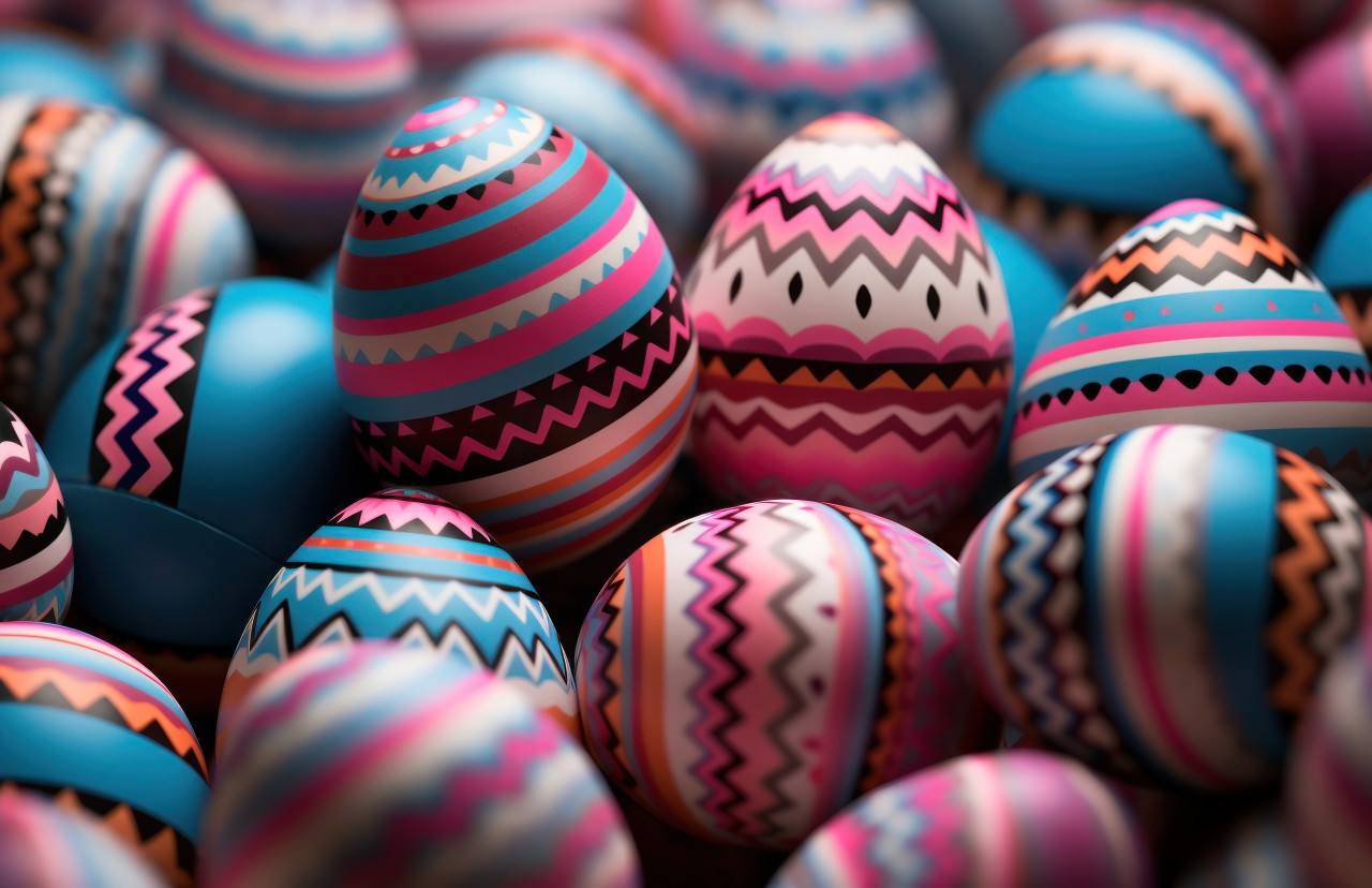 Vibrant easter egg pattern adorning a pink backdrop, easter symbols photo
