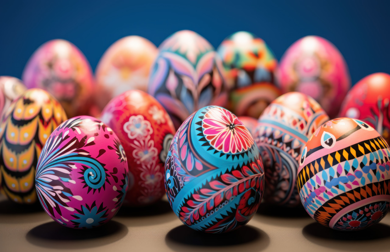 Colorful easter eggs on a pink background adding a touch of celebration and happiness to the scene, easter symbols photo