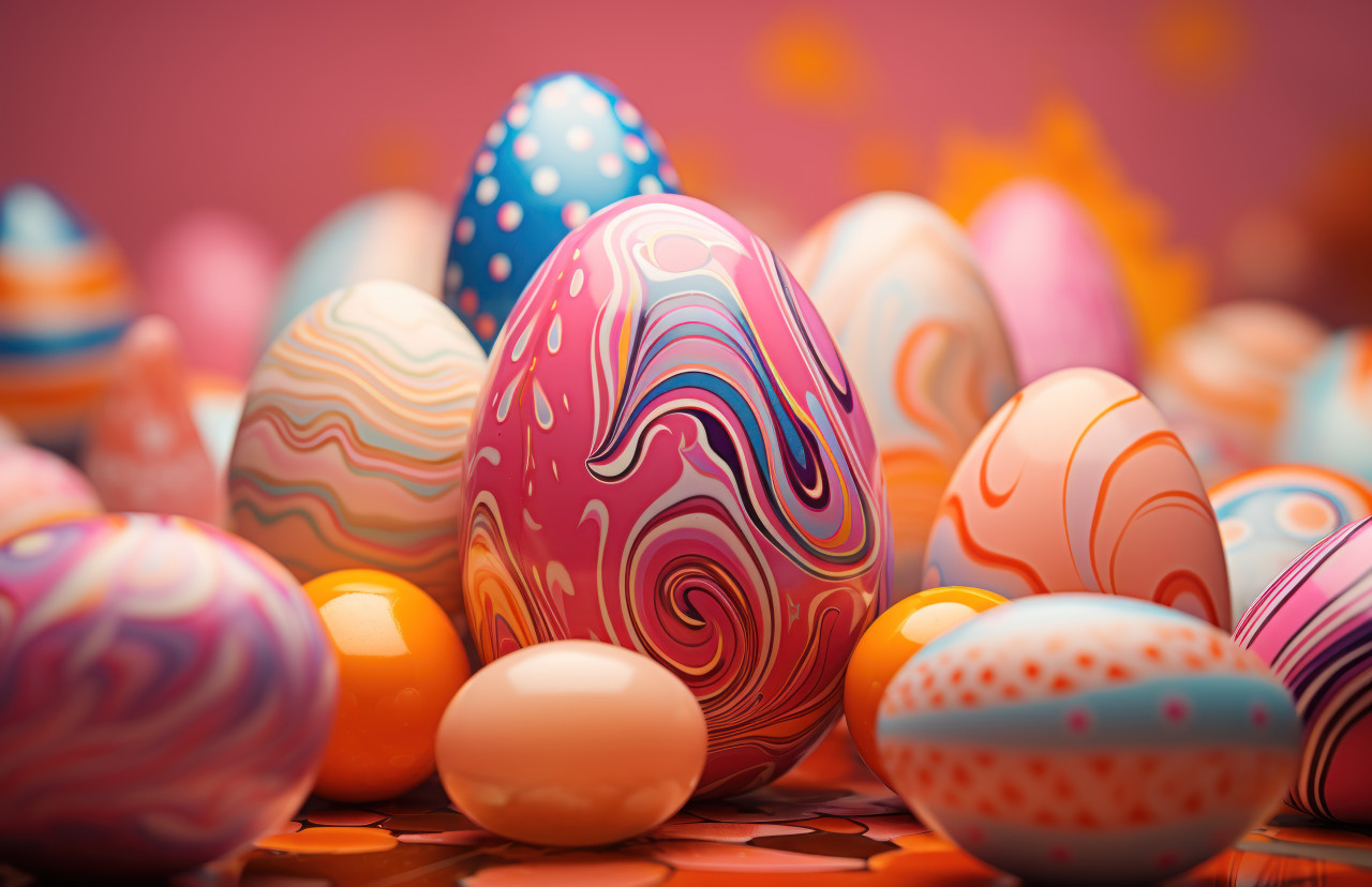 Vibrant easter eggs creatively painted adding a burst of color to a pink backdrop, easter symbols concept