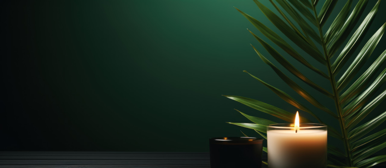Vibrant green palm leaf with a flickering candle in the background, palm sunday decorations image