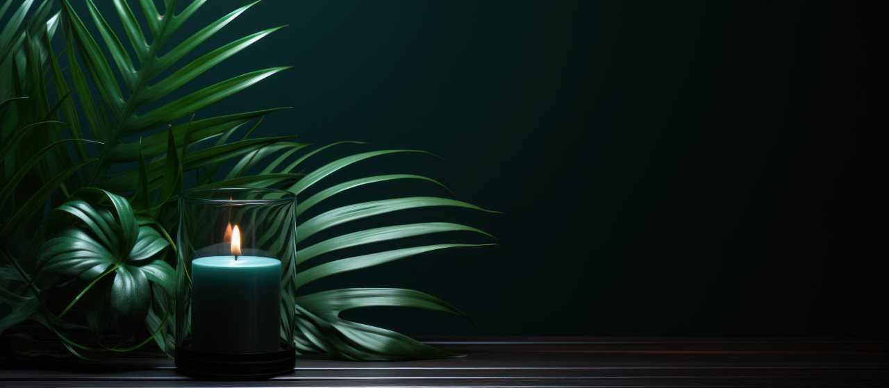 Vibrant green palm leaf set against a backdrop with a flickering candle, palm sunday decorations picture