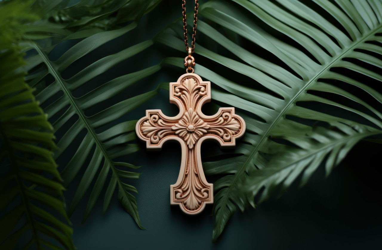 Christian cross amidst palm leaves on sandy beach, palm crosses concept