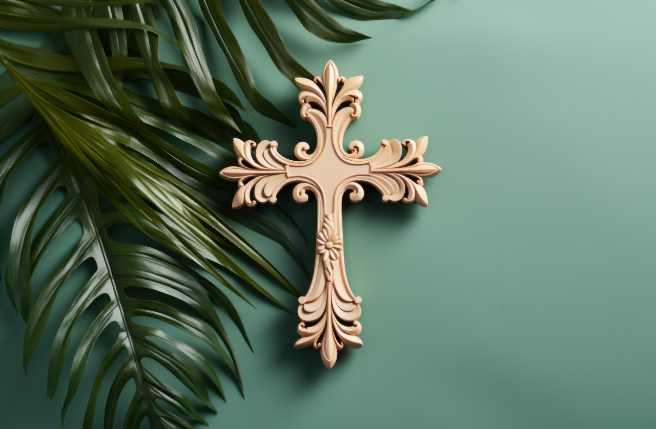 Wooden cross crafted from tropical palm leaves, palm crosses picture
