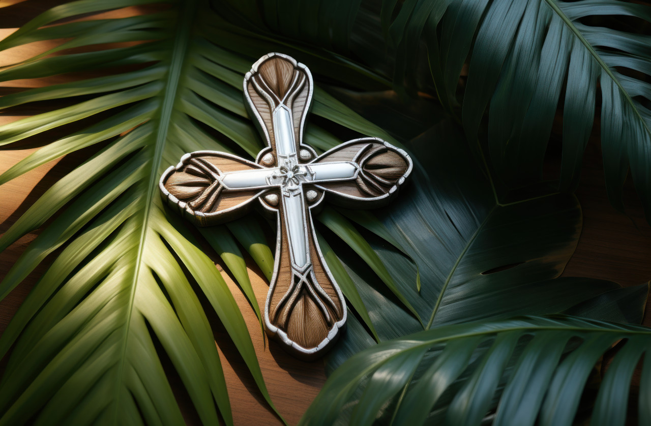 Wooden cross on sandy beach with palm branches nearby, palm crosses picture