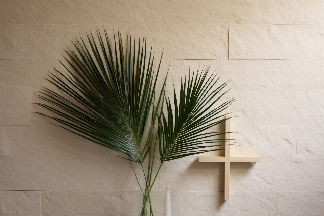 A palm leaf and cross showcased on a stone wall backdrop with a beige background, palm crosses photo