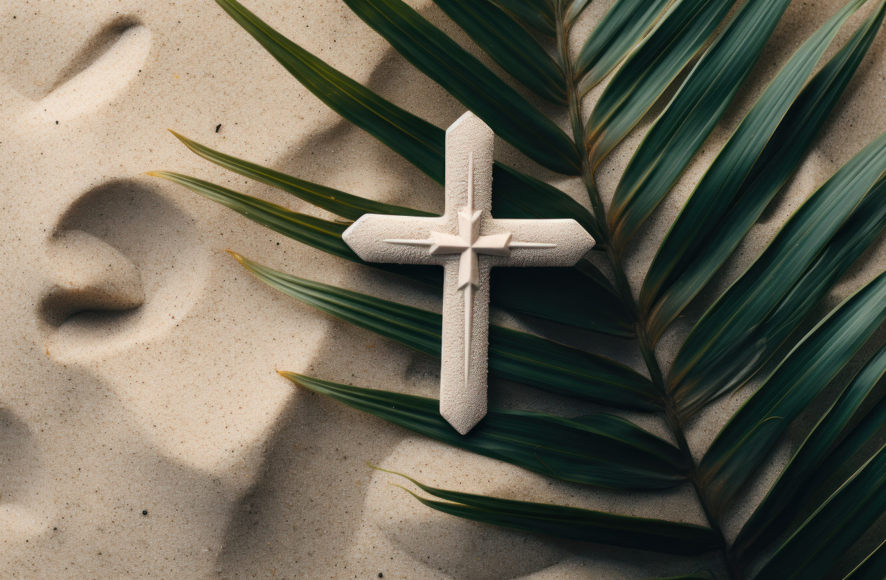 A wooden cross planted in the sand amidst palm leaves, palm crosses concept