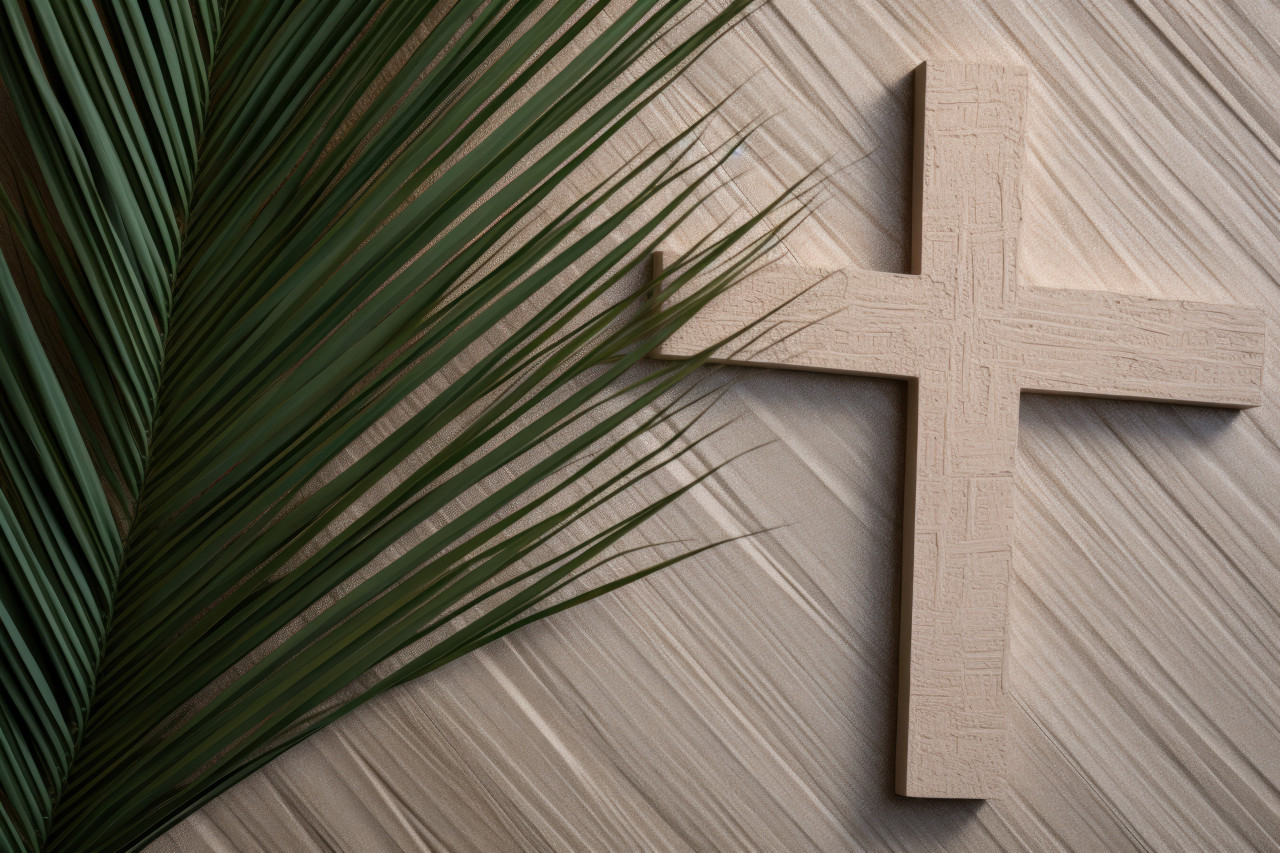 Beige background adorned with a cross and palm leaves, palm crosses concept