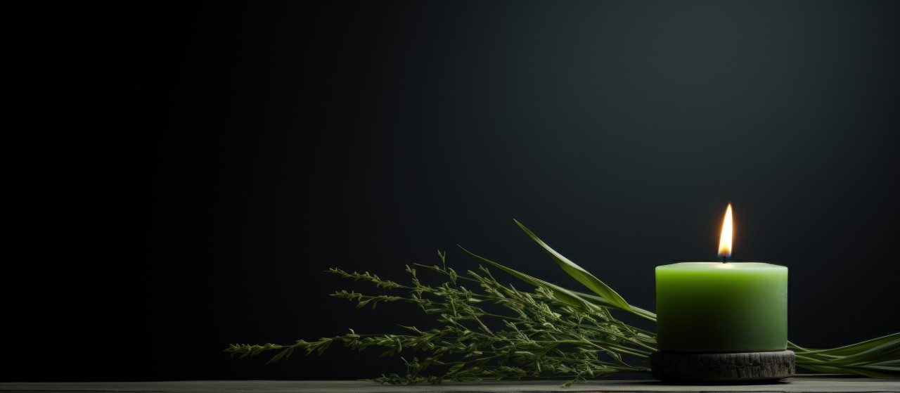 Green grass and candlestick in front of a dark background, palm sunday decorations picture