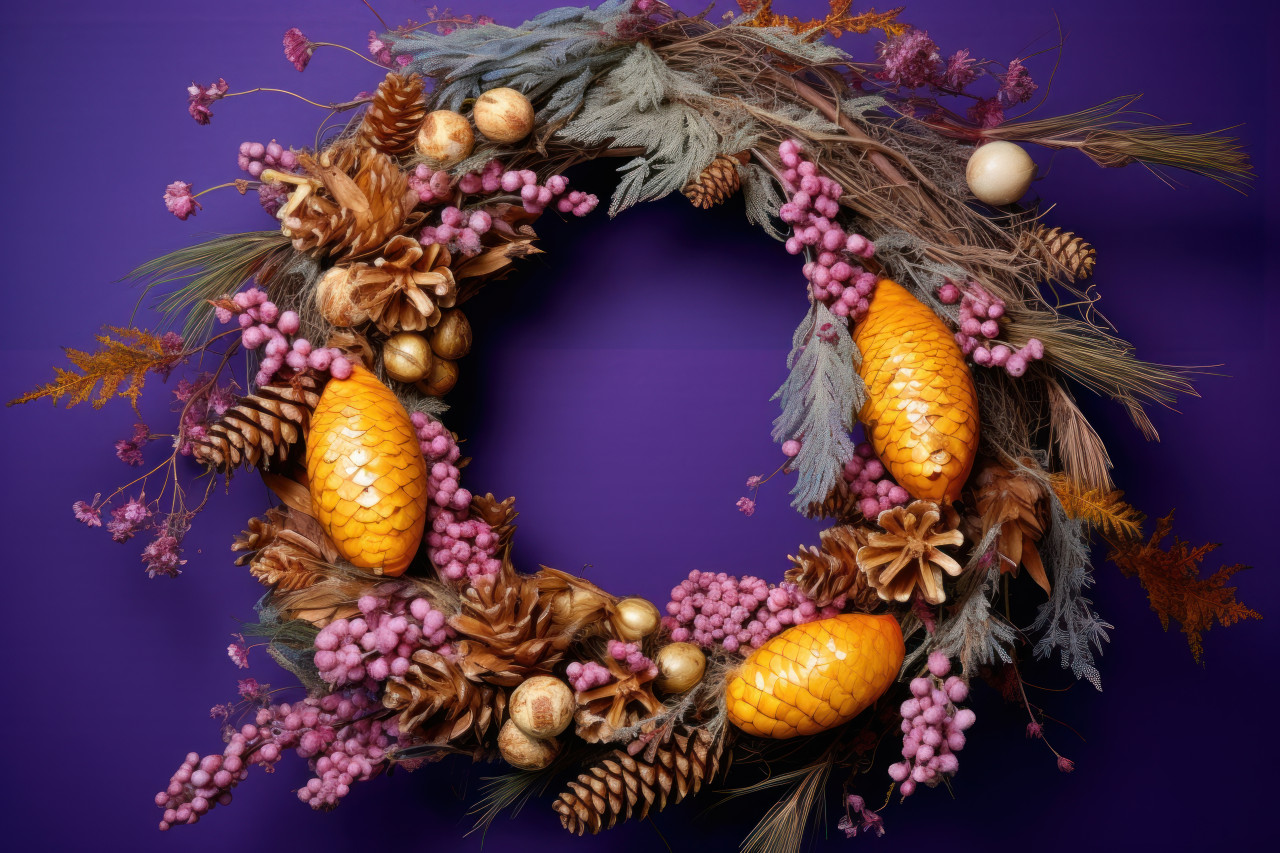 Yellow cypress and pine cone wreath on vibrant purple backdrop, palm sunday decorations image