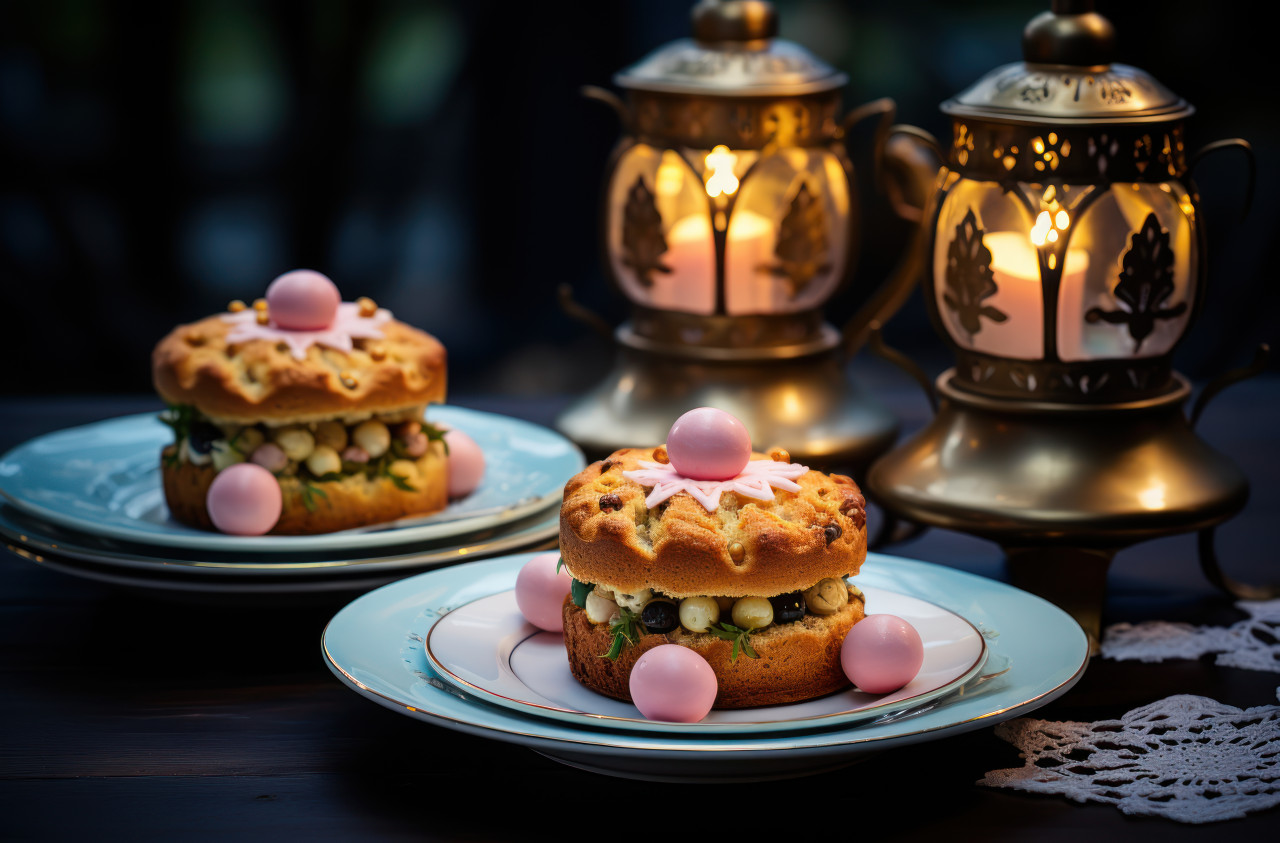 A trio of small easter cakes displayed on a dish alongside a vintage lantern, palm sunday meals concept