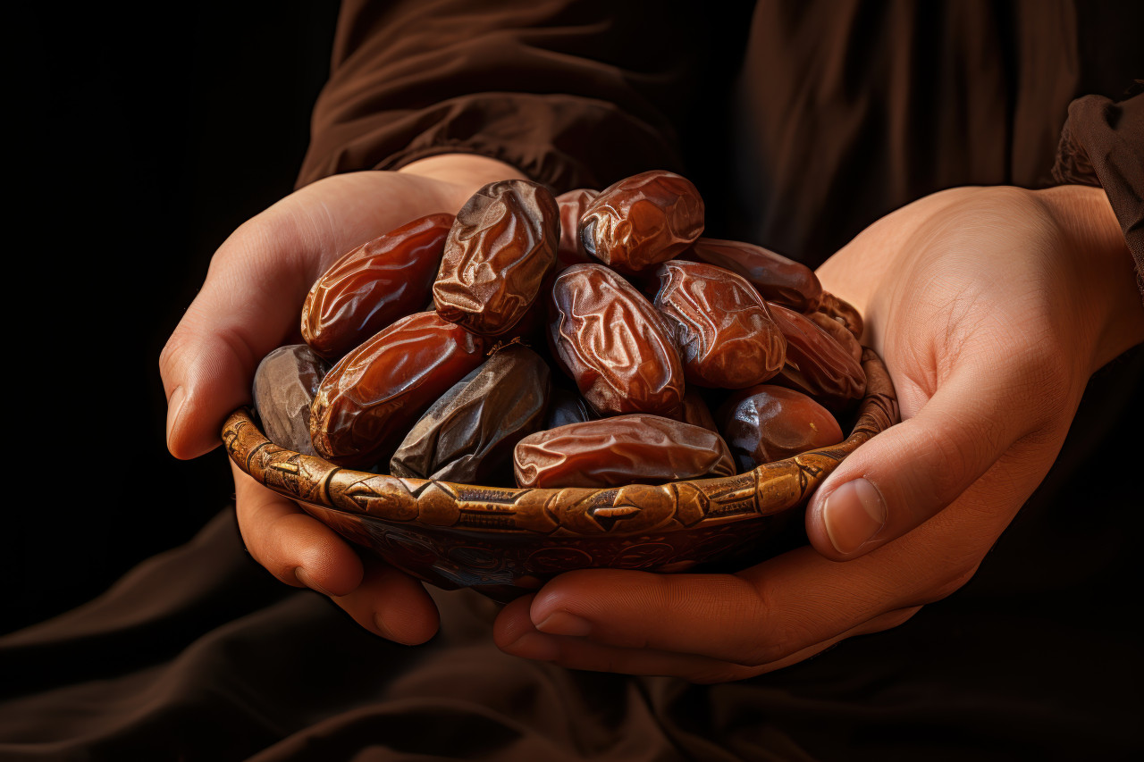 Brown dates resting on a palm a simple and natural scene capturing the beauty of this delicious fruit, palm sunday meals image