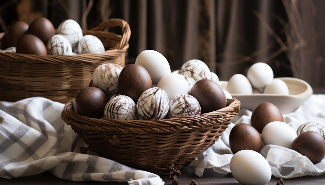 Chocolate easter eggs displayed on a wooden table with wicker fabric, palm sunday greetings image