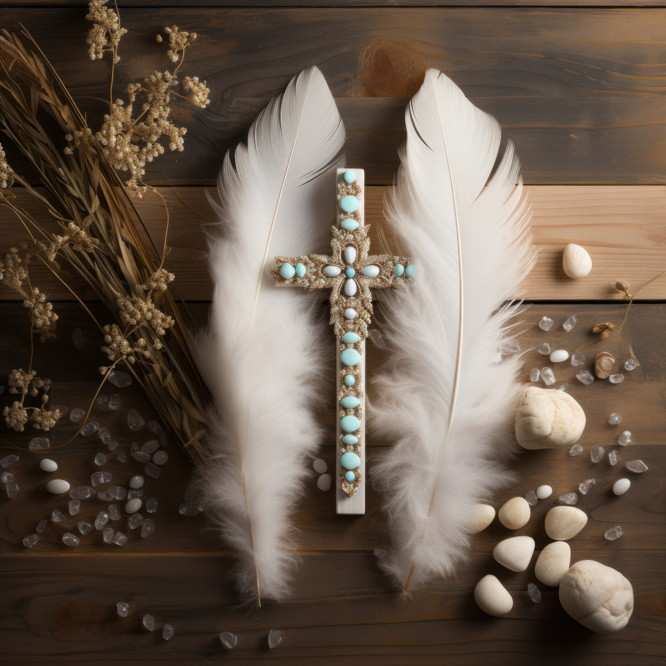 White stone cross adorned with feather and pebbles on wooden background, palm sunday greetings picture