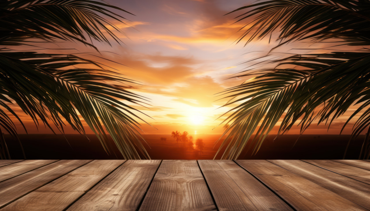 Wooden table adorned with a cross shaped arrangement of palm leaf and branches, palm sunday sunrise sunset concept