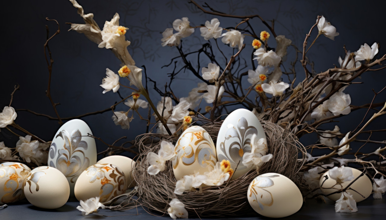 Colorful decorative eggs arranged with delicate willow branches for a charming spring display, palm sunday greetings image