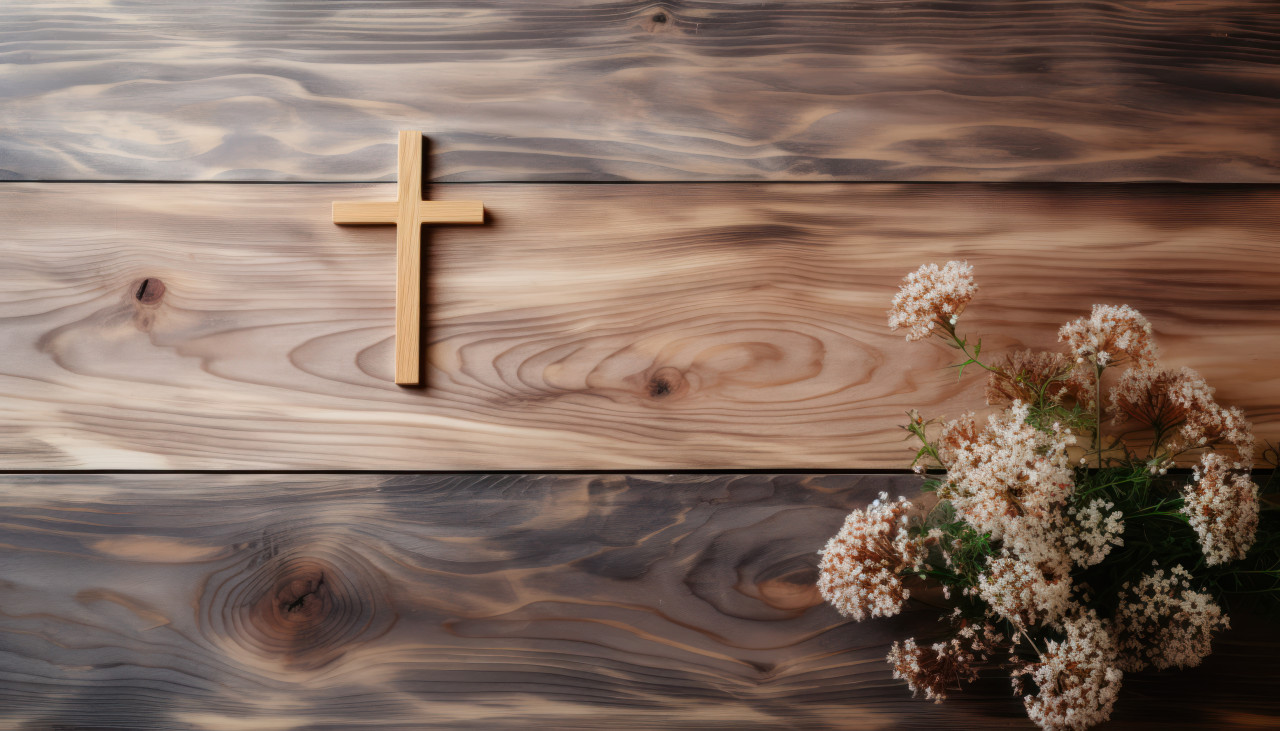 A simple wooden cross on a weathered bright wood table surface, palm sunday greetings photo