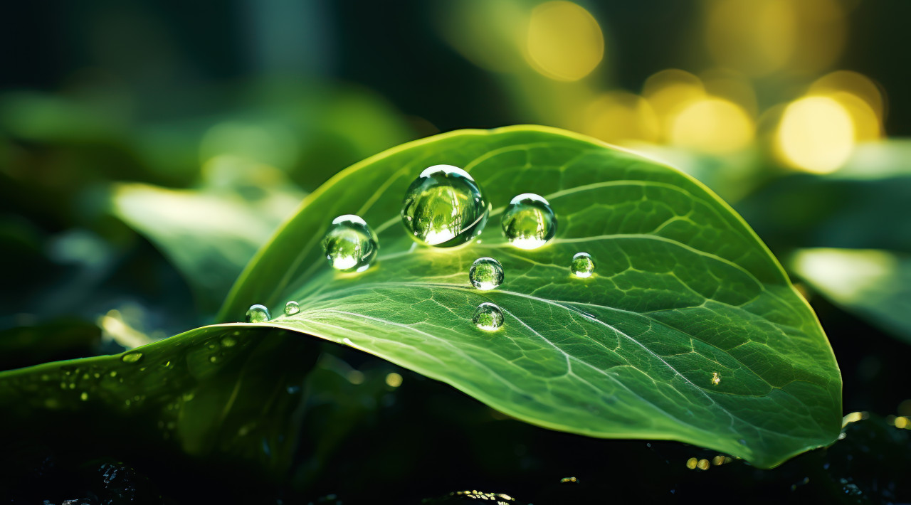 Glimmering white droplet on lush green leaf captures the essence of pure natural simplicity, water conservation concept
