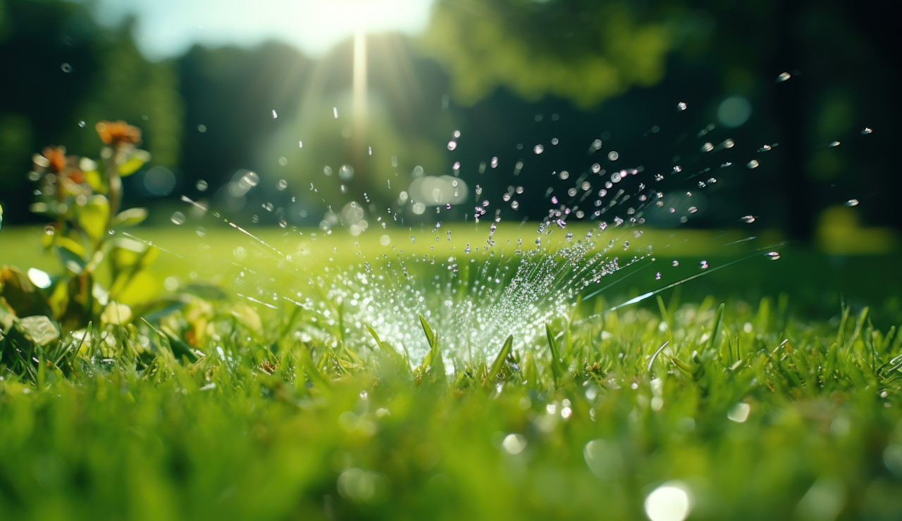 Sprinkler running across lush green grass creating refreshing moments under the sun, water conservation photo