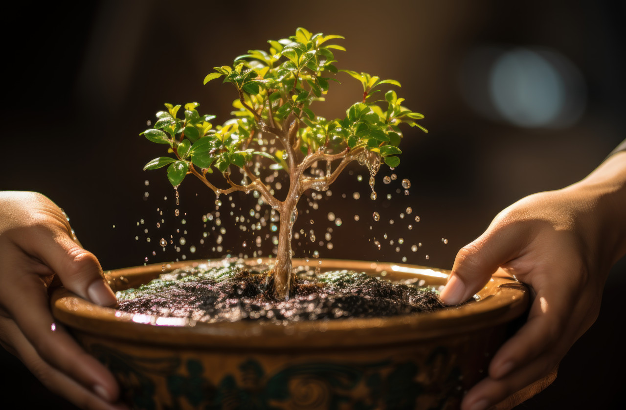 Watering a new plant in pot on blurred background, water conservation concept