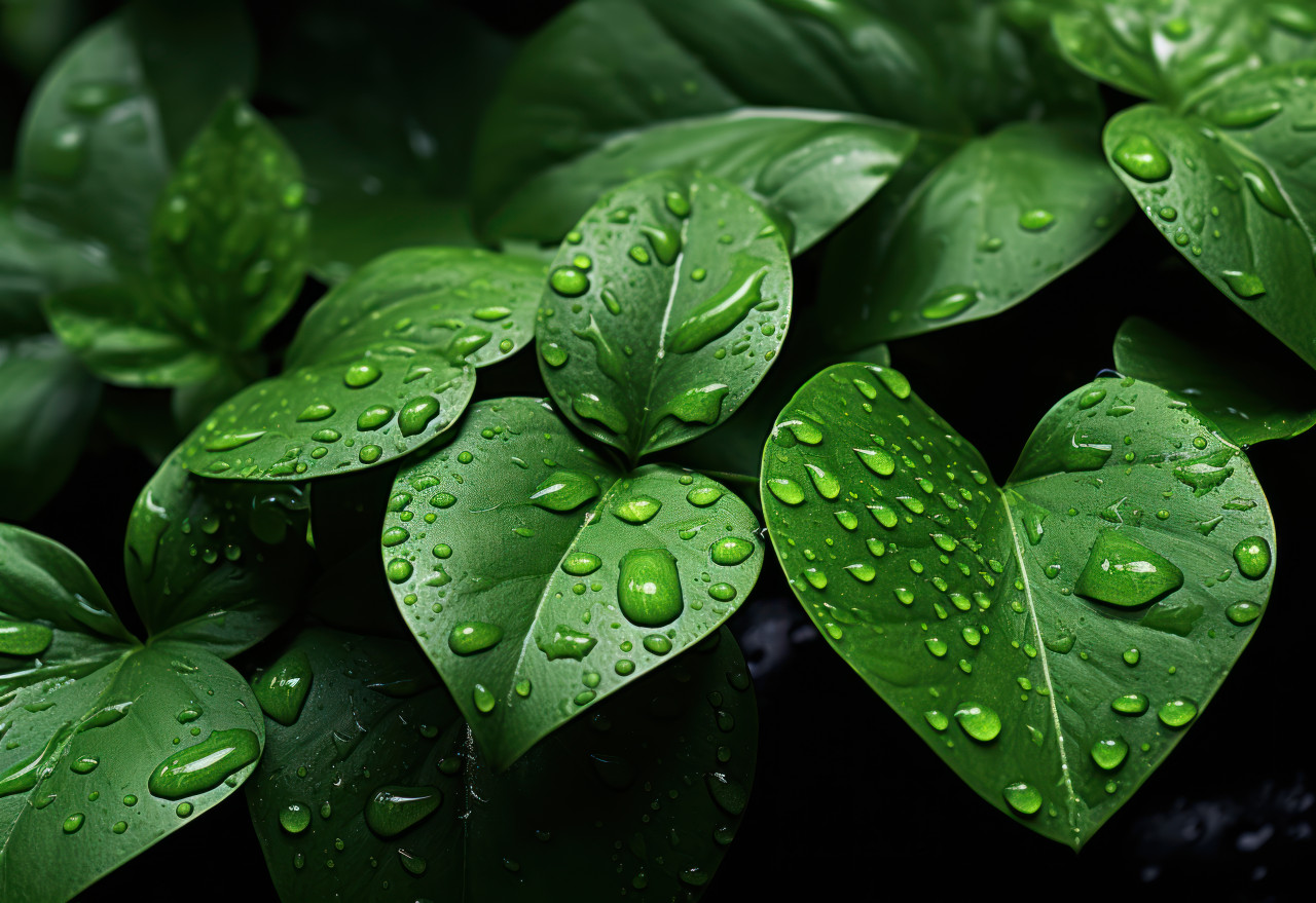 Water droplets spread among lush green leaves, water conservation image