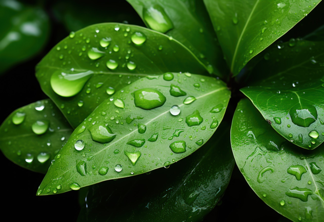 Lush green leaves adorned with scattered water droplets, water conservation photo