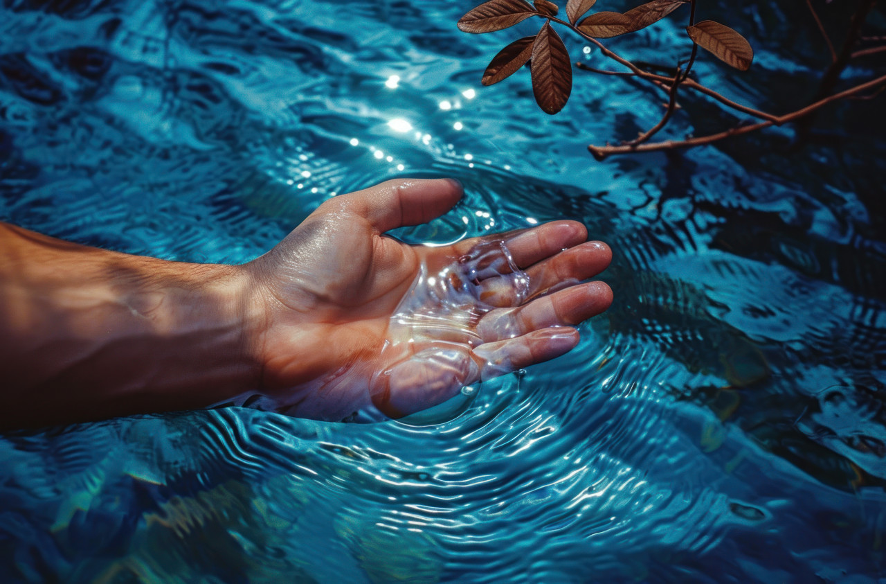 Hand in a watery sea under a tree leaf, clean water access concept