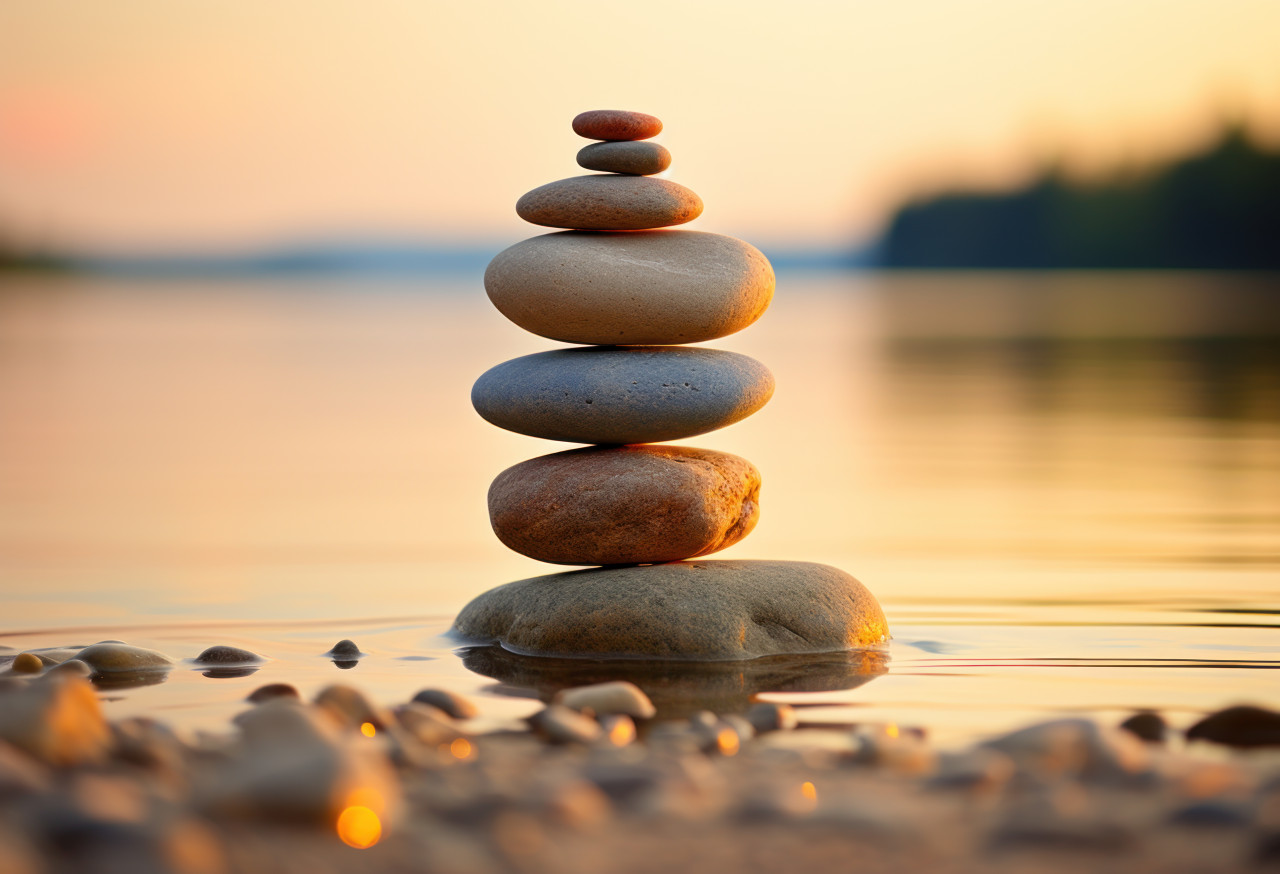 Stacked pebble on beach at sunset, nature and water concept