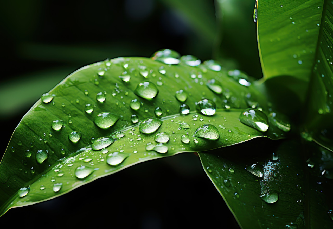 Sparkling water droplets adorn a vibrant green leaf, water conservation photo