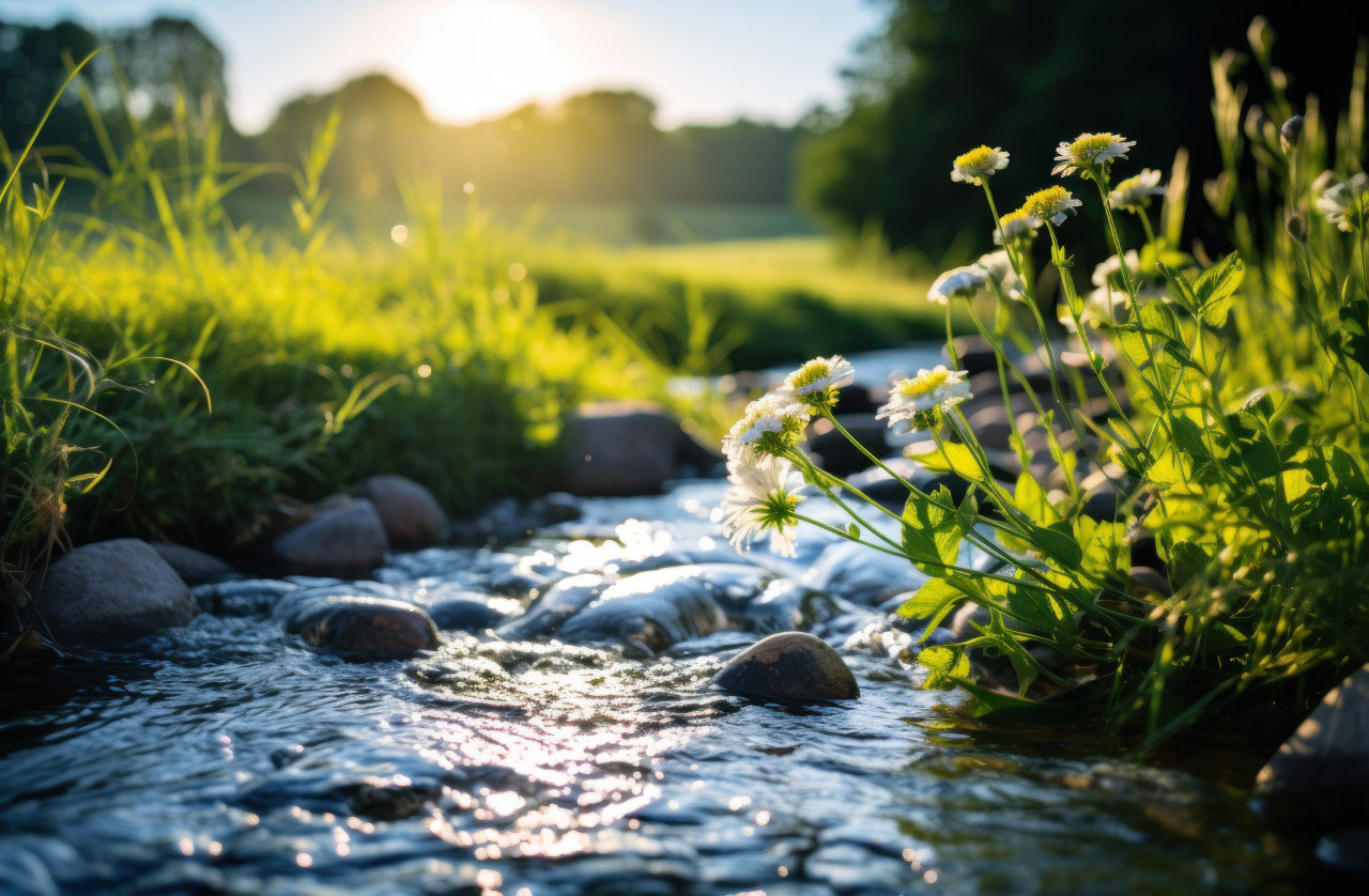 Tranquil stream emerging from the grass, water flow concept