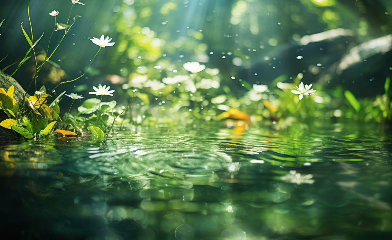 Serene open waterscape featuring clear water and soft green bokeh, nature and water photo