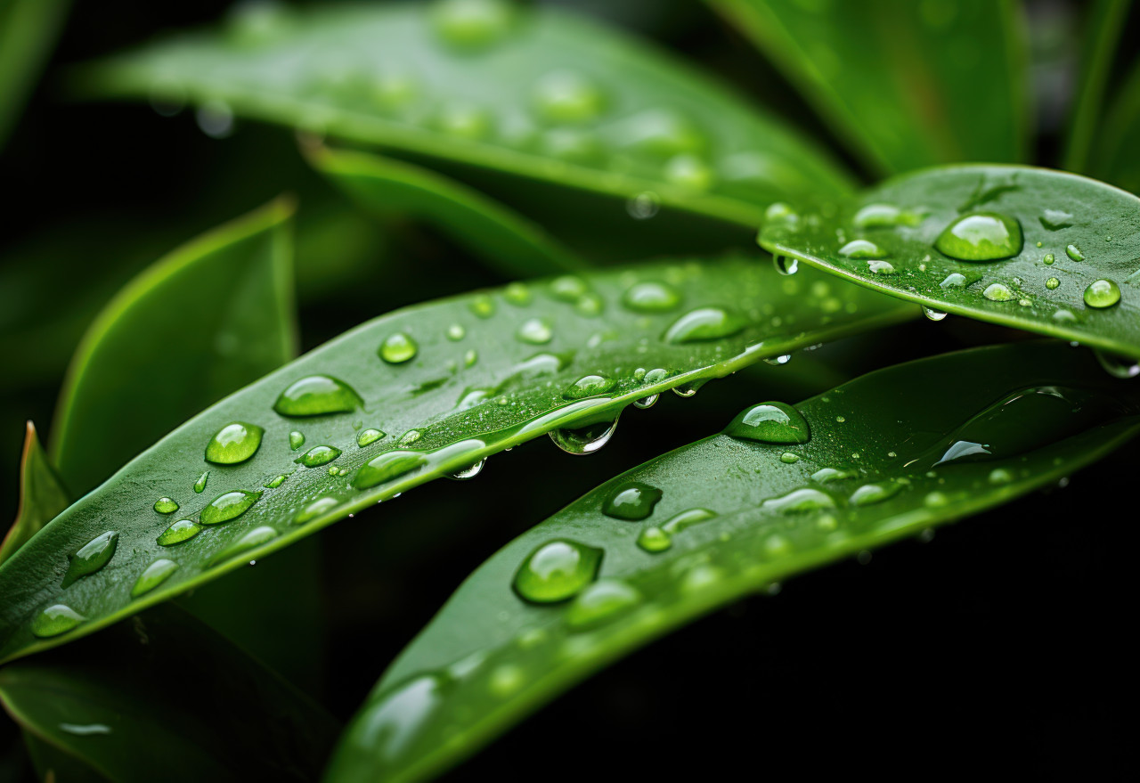 Water droplets glisten on a vibrant green leaf creating a refreshing and natural backdrop, water conservation image