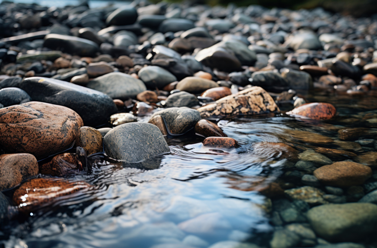 Clear river water flows smoothly over rocks and pebbles in a serene natural scene, water conservation photo