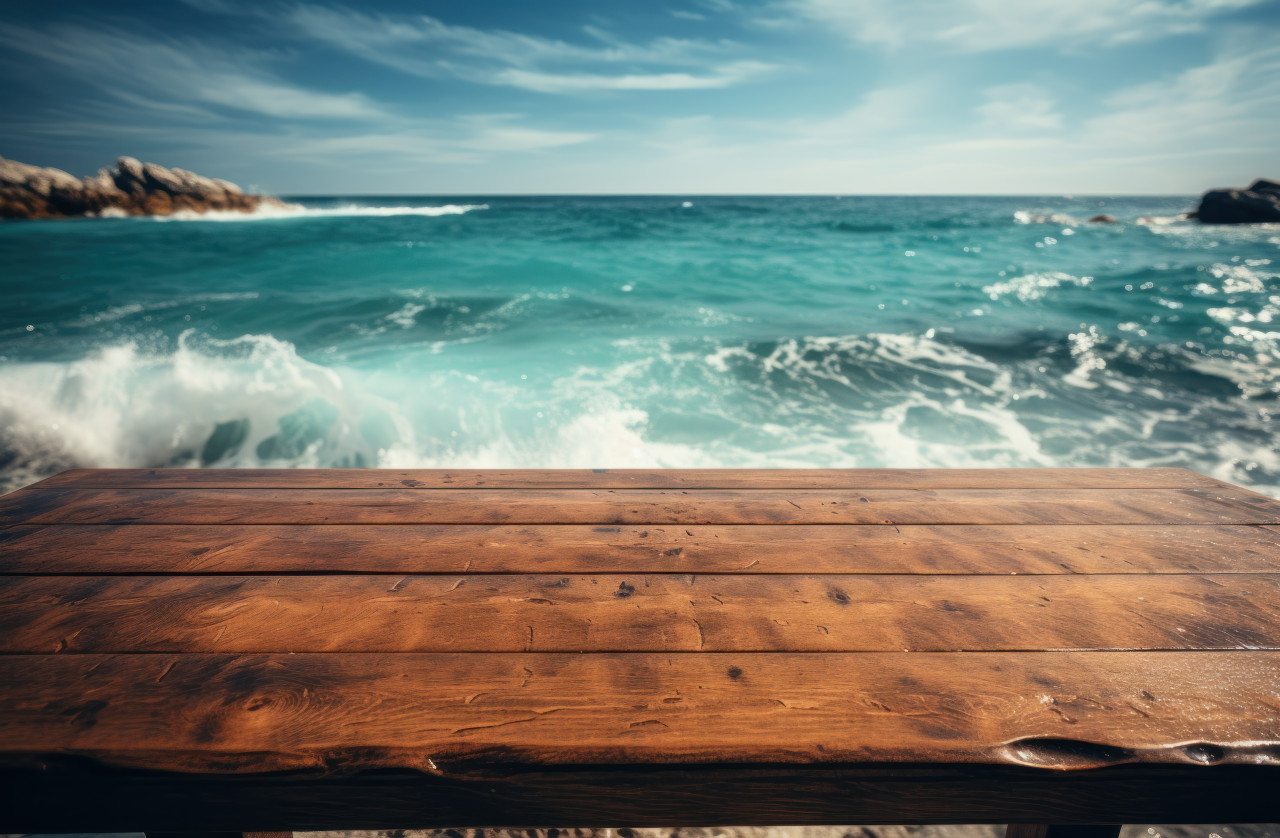 A beachside wooden table against the sea, nature and water concept