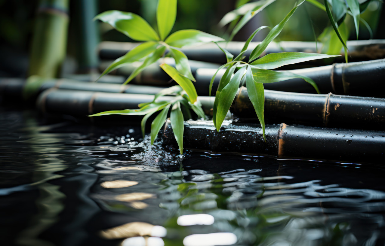 A peaceful pool adorned with flowing bamboo and black stones, water flow concept