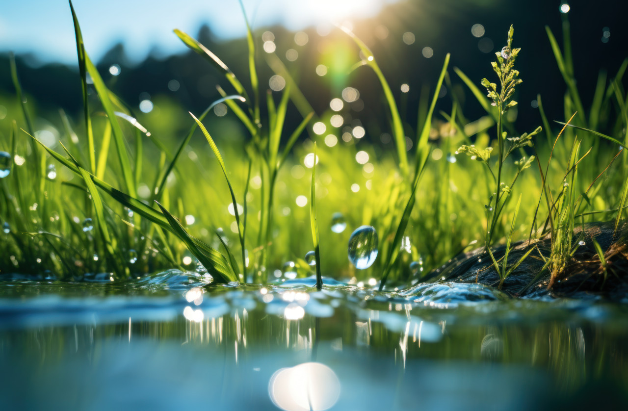 Serene summer landscape featuring water gently cascading over lush green grass and swaying blades in a harmonious flow, water flow photo